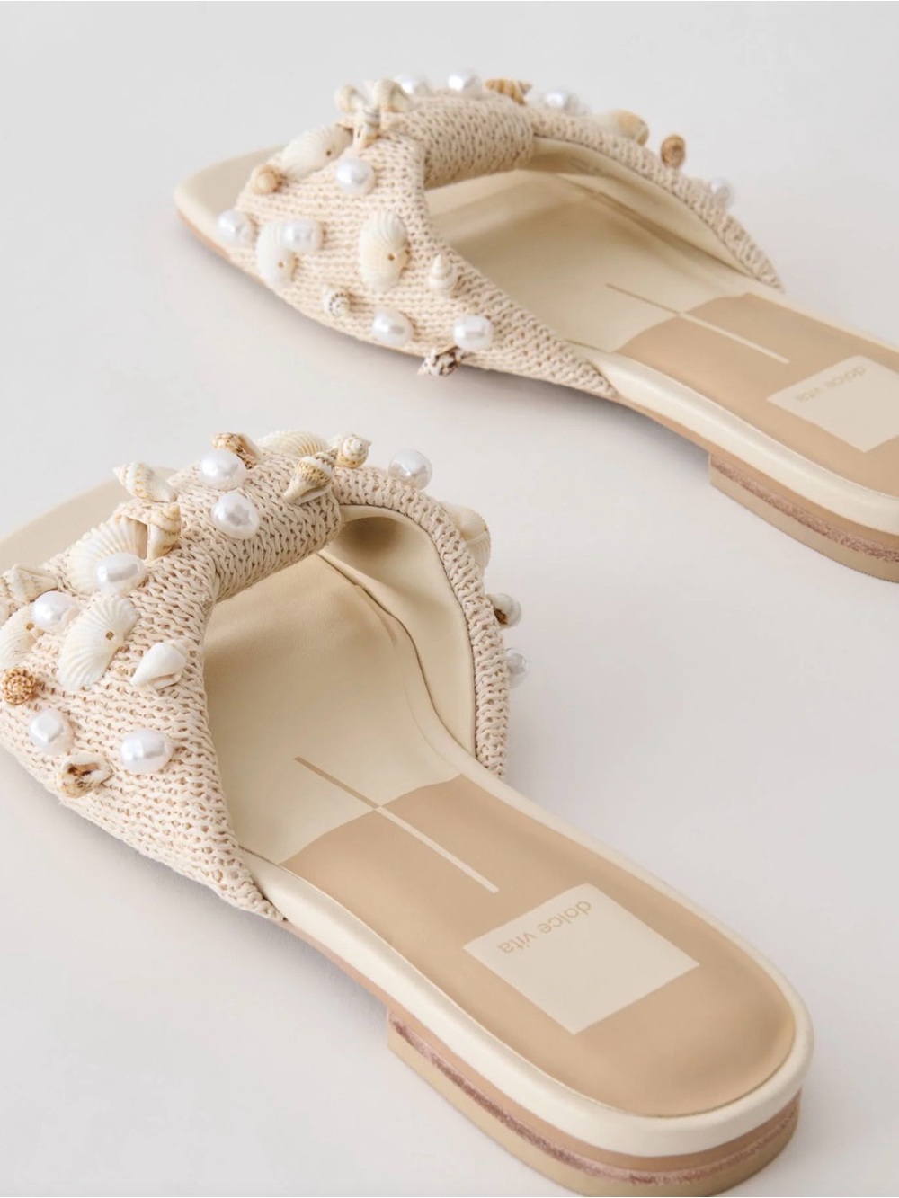 Dolce Vita Cream Knit Pearl & Shell Embellished Slide Mules